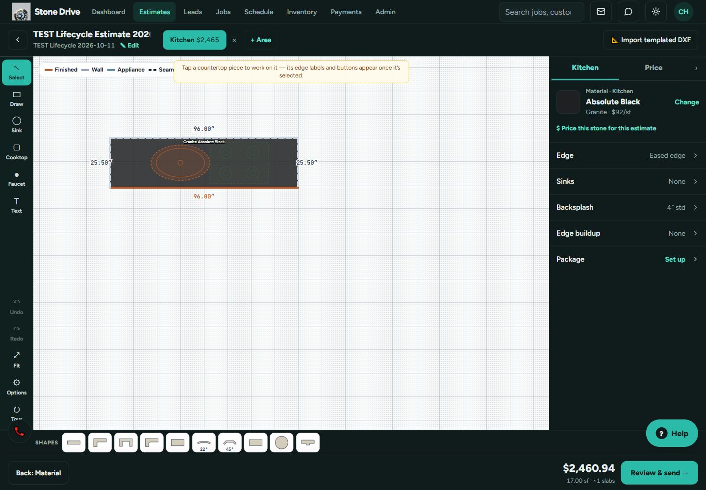 Current Stone Drive desktop estimating canvas with countertop drawing and material controls