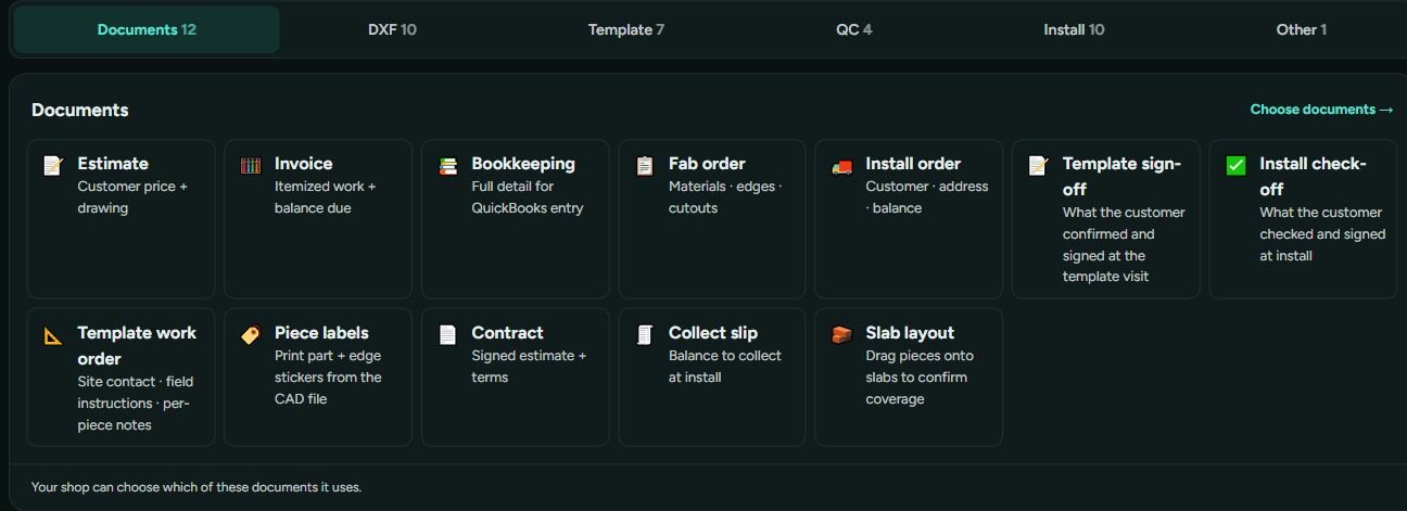 Current Stone Drive desktop job page with Documents, DXF, Template, QC, Install and Other tabs and role-specific document cards